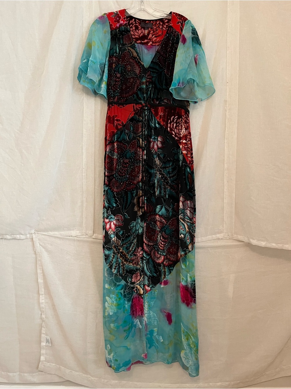 Hale Bob Teal and Red Floral Mixed-Print Maxi Dress